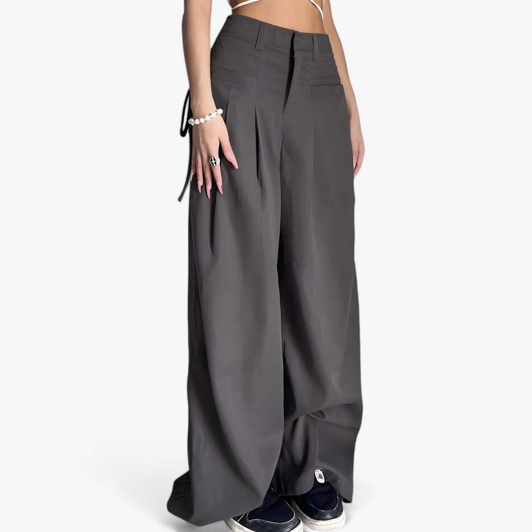 Pants : Broek met Wijde Pijpen - Hoge Taille & Retro Kantoorstijl - Zwart in van Pantino