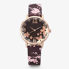 Watch Set : Dameshorloge van Leer met Bloemennwijzer en Bijpassende Armband - Roze in Koffiebruin van Pantino