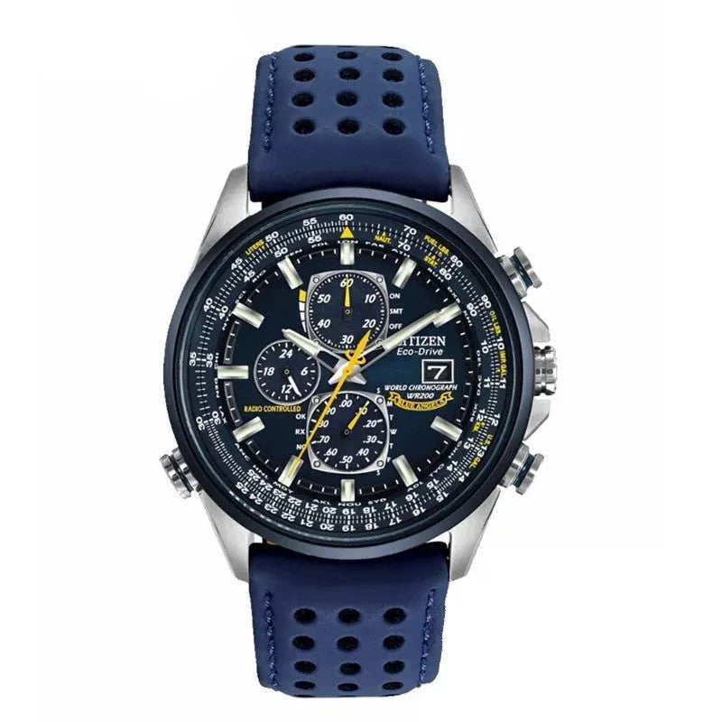 watches : Heren Chronograaf Horloge MultiSteel - 42mm Roestvrij Staal - Koffiebruin/Zwart Leer in 4-Knops Blauwe Riem van Pantino