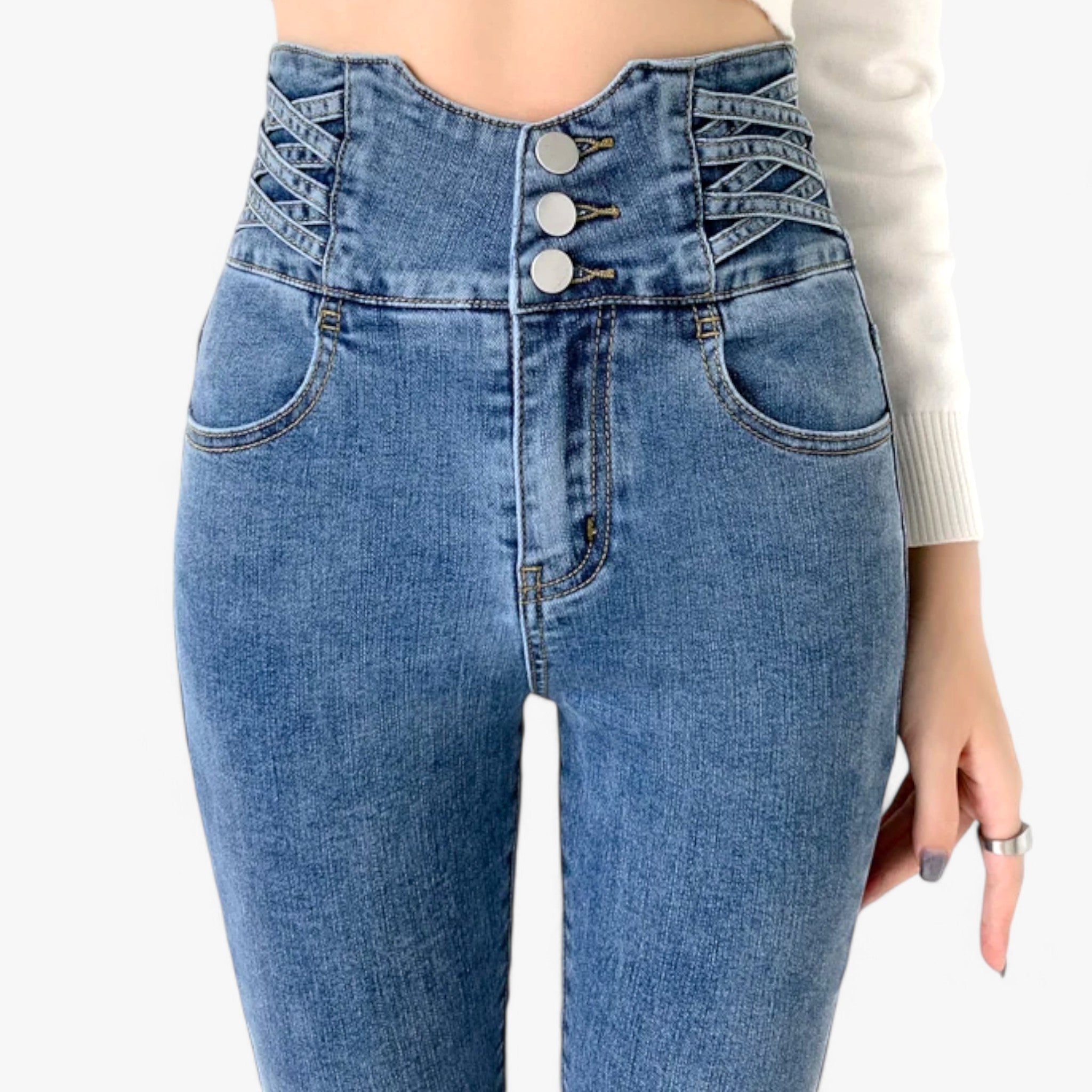 Jeans : Jeans Grijs 3 Knoppen - Skinny Koker - Slanke Stretch voor een Flatterende Pasvorm in Donkerblauw 3 Knoppen van Pantino