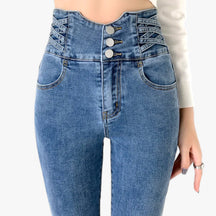 Jeans : Jeans Grijs 3 Knoppen - Skinny Koker - Slanke Stretch voor een Flatterende Pasvorm in Donkerblauw 3 Knoppen van Pantino