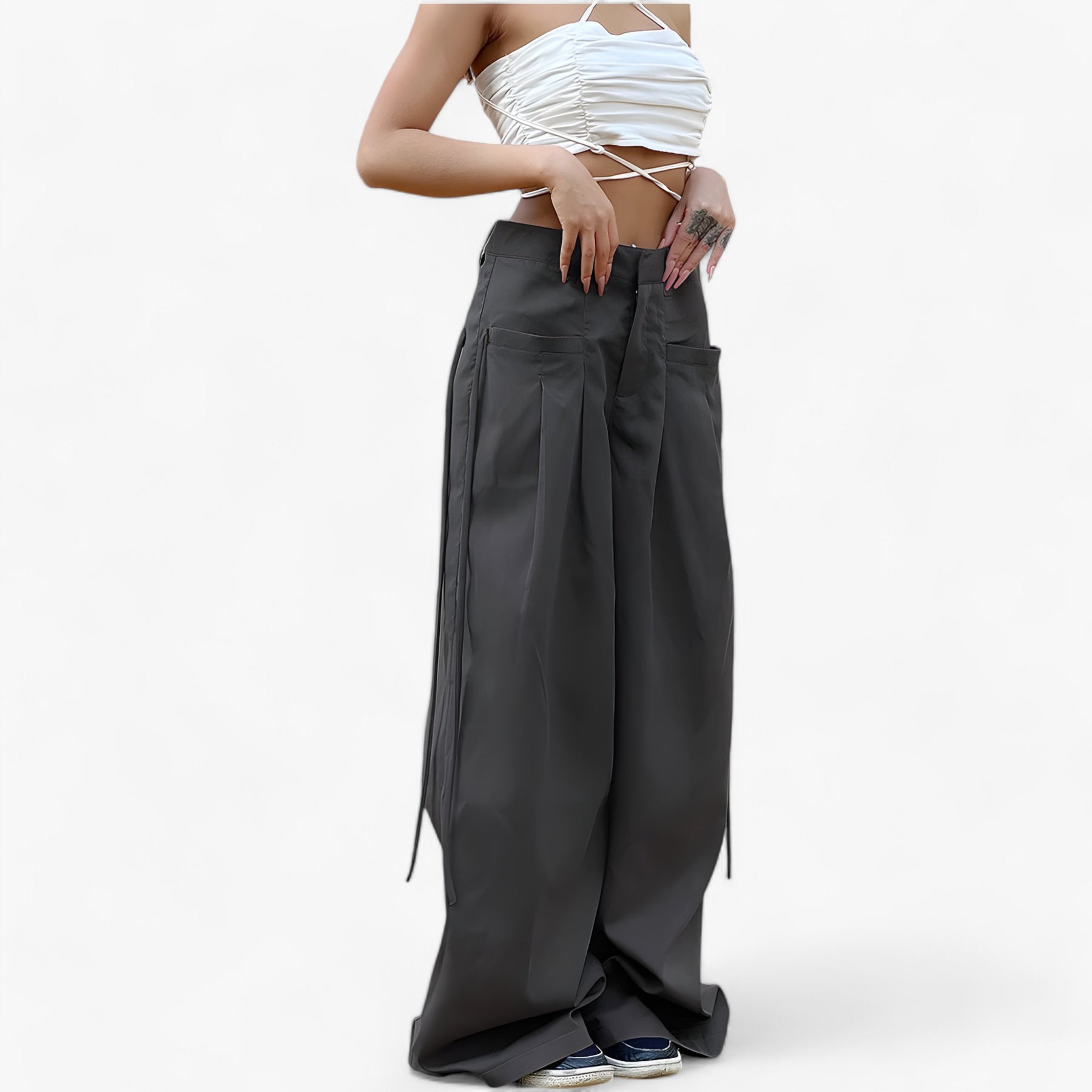 Pants : Broek met Wijde Pijpen - Hoge Taille & Retro Kantoorstijl - Zwart in van Pantino