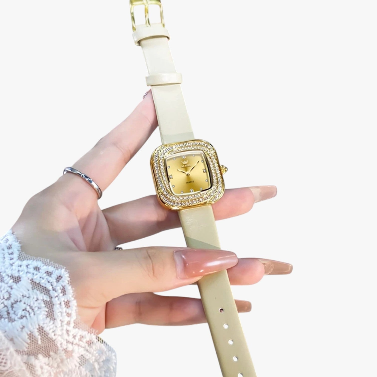 watches : Elegante Vierkant Leren Horloge - Wit in van Pantino
