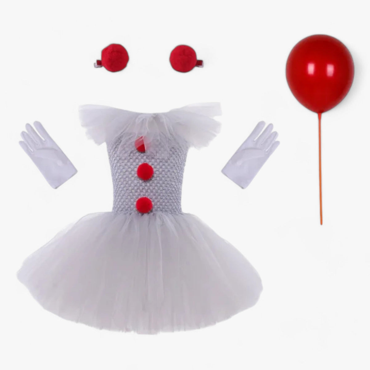 Costume Dress : Tutu Jurk Pennywise Kinderen - Schattige en Angstaanjagende Outfit in 4 stuks van Pantino