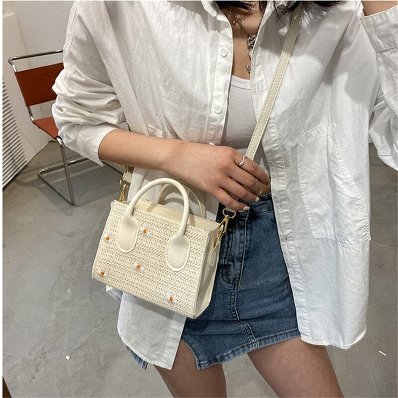 bags : Gevlochten Handtas Dames Beige - Bloem Accenten Bohemian - Stro in van Pantino