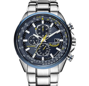watches : Heren Chronograaf Horloge MultiSteel - 42mm Roestvrij Staal - Koffiebruin/Zwart Leer in 3-Knops Staal-Blauw van Pantino