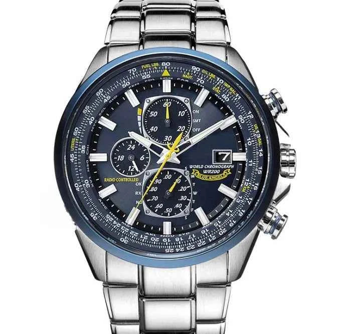 Watch : MultiSteel herenchronograafhorloge, leren band, elegant en nauwkeurig in Staalblauwe riem met 3 knopen van Pantino