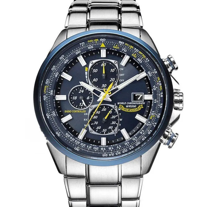 watches : Heren Chronograaf Horloge MultiSteel - 42mm Roestvrij Staal - Koffiebruin/Zwart Leer in 3-Knops Staal-Blauw van Pantino