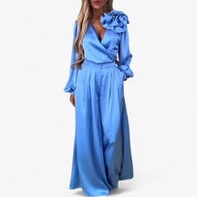 Two-Piece Set : Damesset van Polyester V-hals Top en Wijde Broek - Blauw in Blauw van Pantino