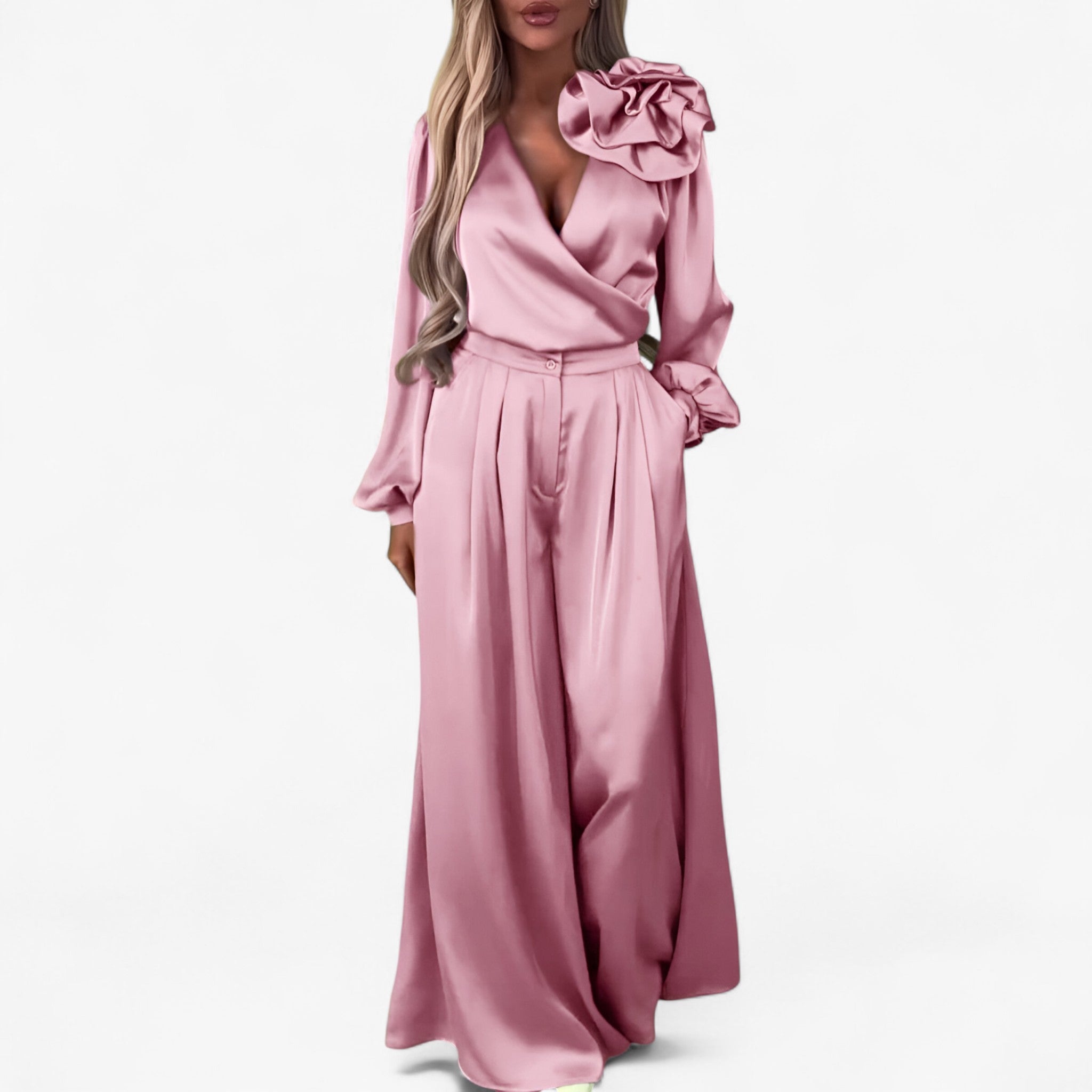 Two-Piece Set : Damesset van Polyester V-hals Top en Wijde Broek - Blauw in Roze van Pantino