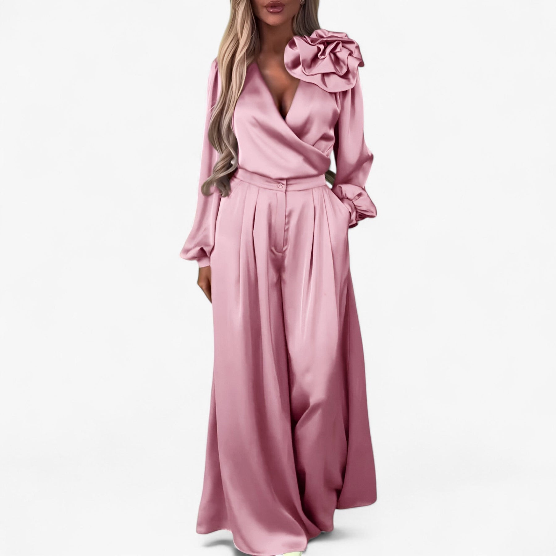 Two-Piece Set : Damesset van Polyester V-hals Top en Wijde Broek - Blauw in Roze van Pantino