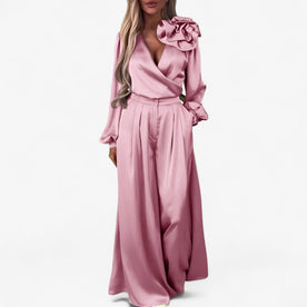 women's set : Damesset van Polyester V-hals Top en Wijde Broek - Blauw in Roze van Pantinoshop