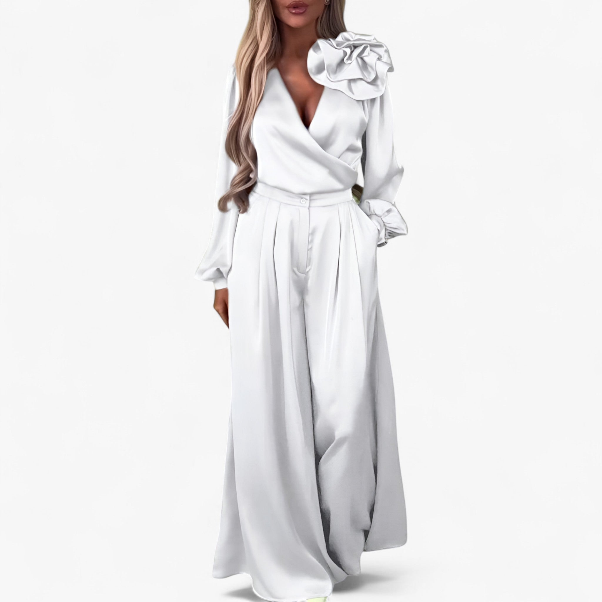 Two-Piece Set : Damesset van Polyester V-hals Top en Wijde Broek - Blauw in Wit van Pantino