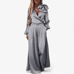 Two-Piece Set : Damesset van Polyester V-hals Top en Wijde Broek - Blauw in Grijs van Pantino