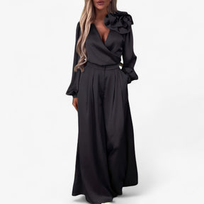 Two-Piece Set : Damesset van Polyester V-hals Top en Wijde Broek - Blauw in Zwart van Pantino