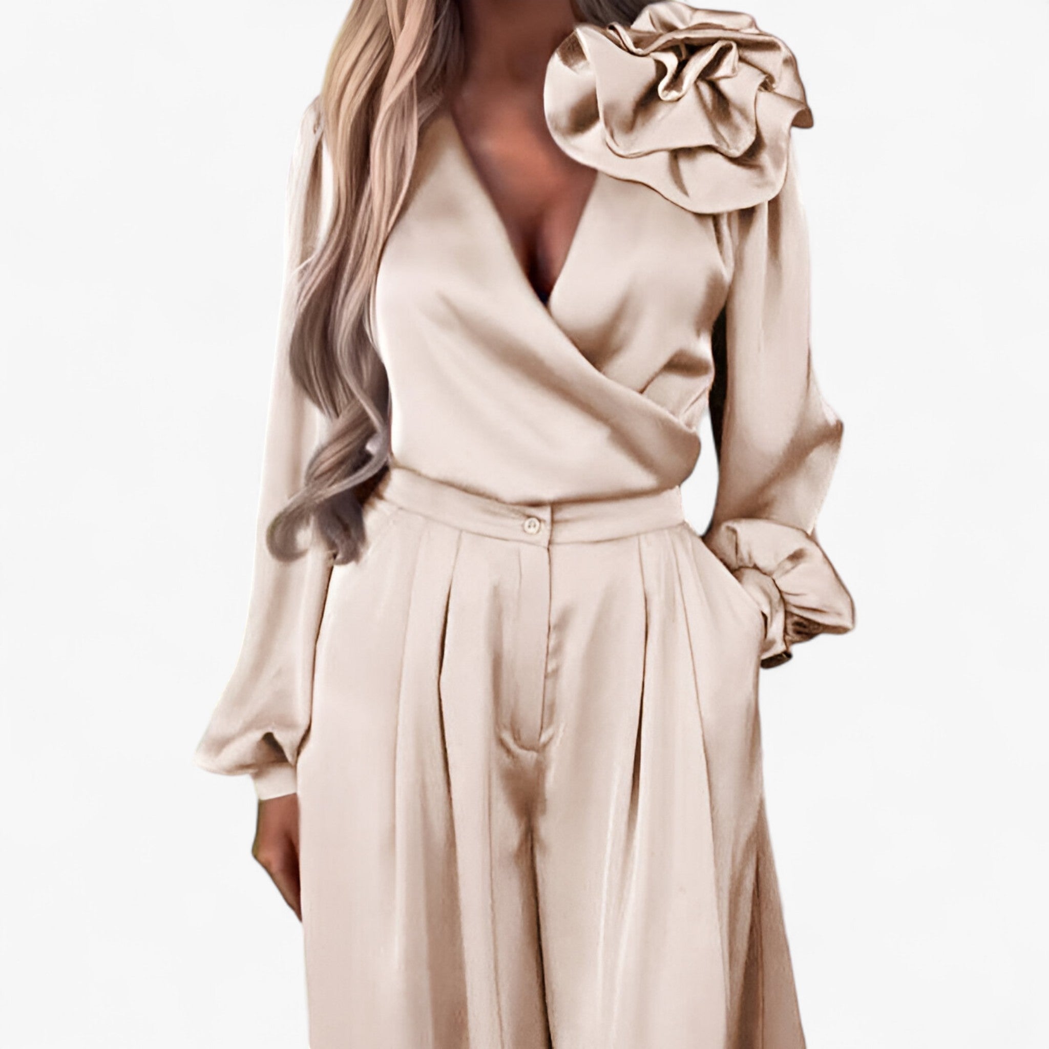 Two-Piece Set : Damesset van Polyester V-hals Top en Wijde Broek - Blauw in van Pantino