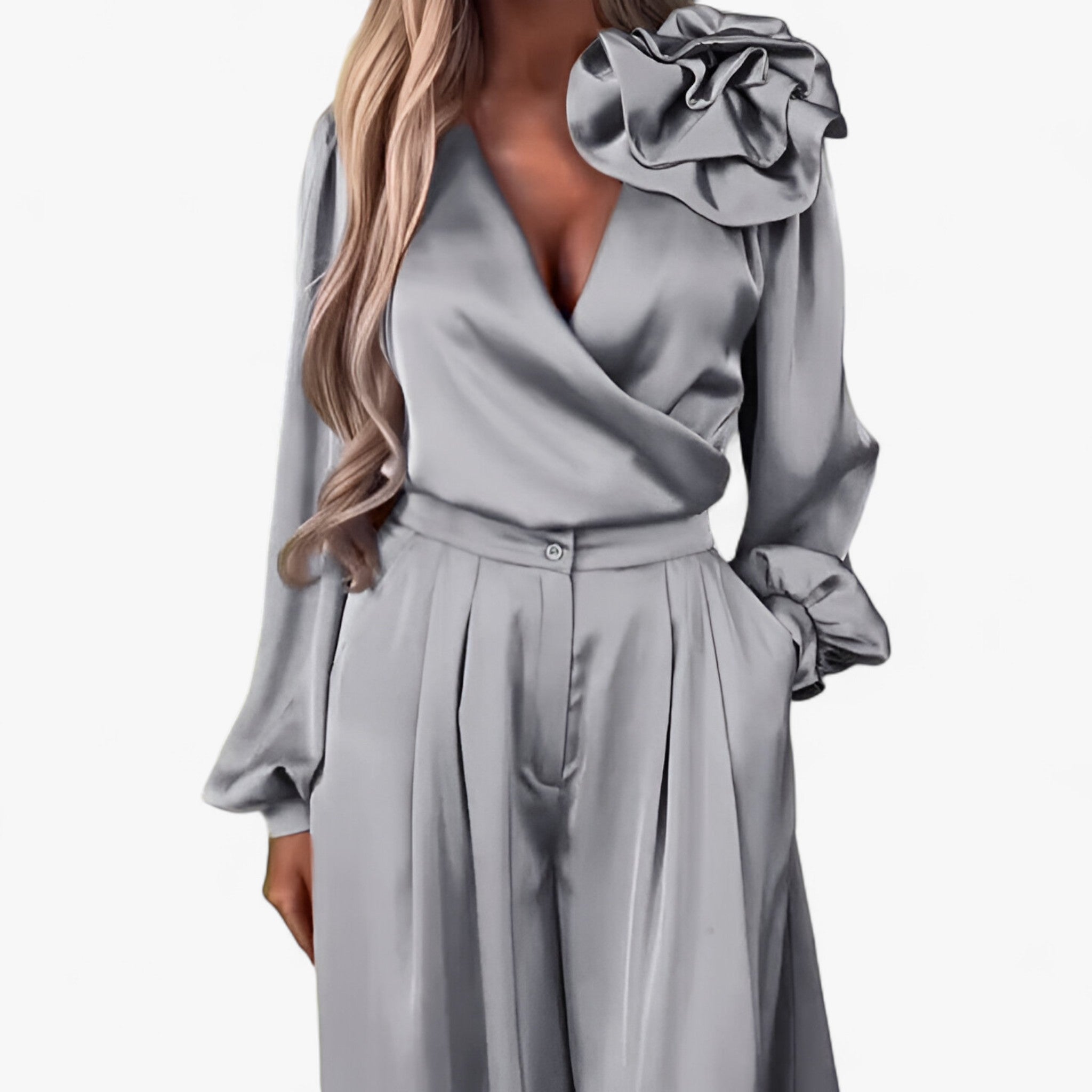 Two-Piece Set : Damesset van Polyester V-hals Top en Wijde Broek - Blauw in van Pantino
