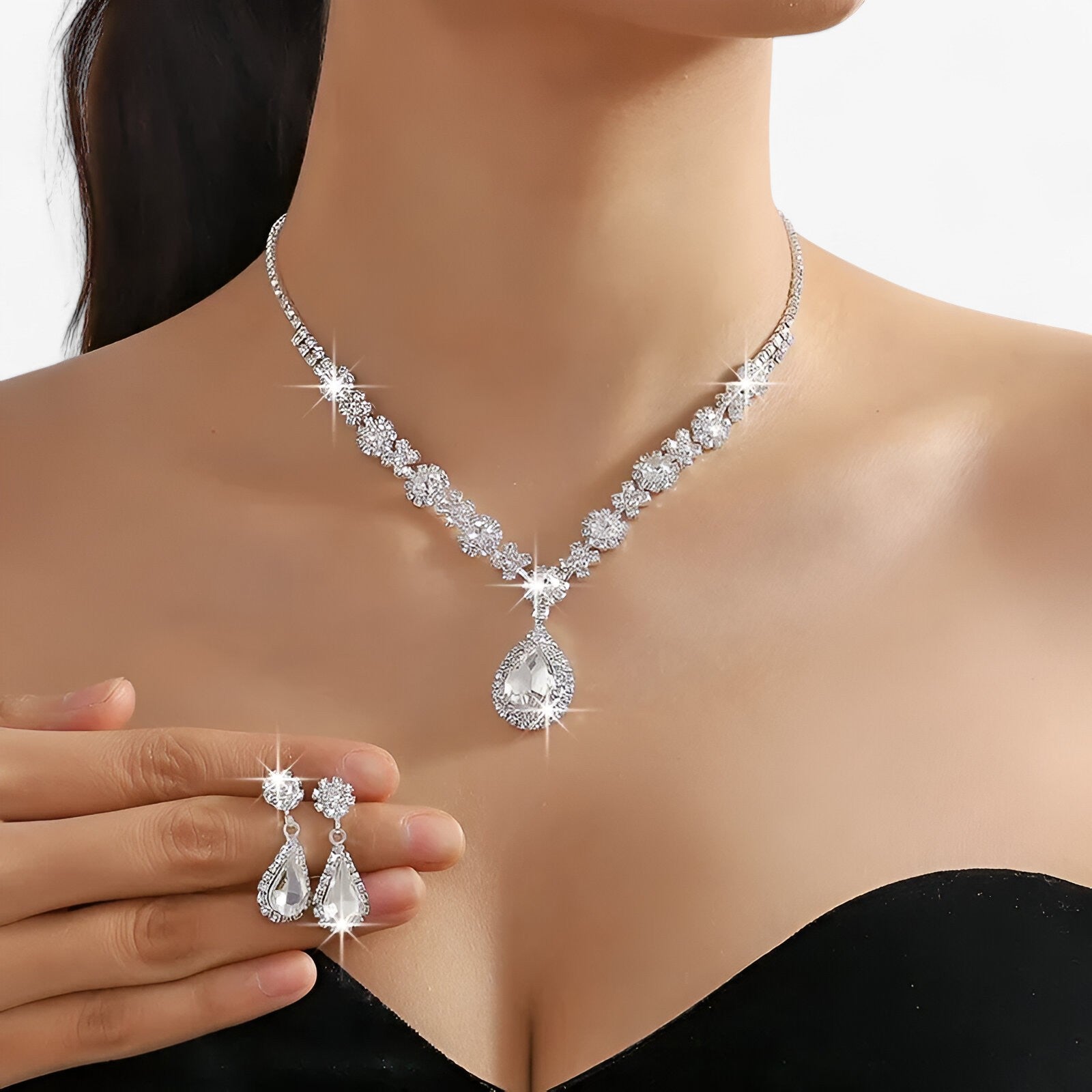 Jewelry Set : Oorbellen Dames Zilver - Trouwset 2 Delen - Druppelhanger en 2 in Wit 2 van Pantino