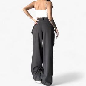 Pants : Broek met Wijde Pijpen - Hoge Taille & Retro Kantoorstijl - Zwart in van Pantino