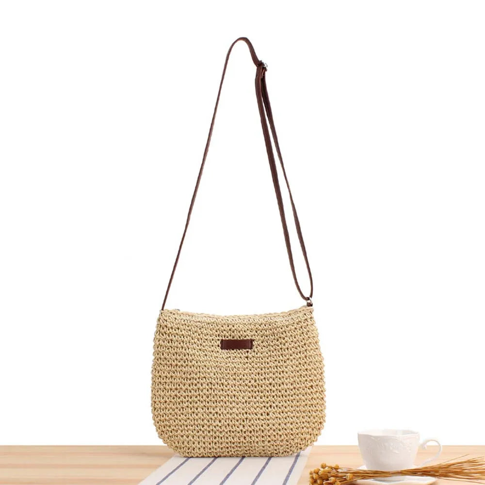 bags : Schoudertas Dames Beige - Casual Stro Gebreide met Interne Ritszak in van Pantino