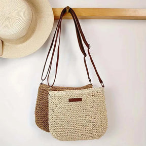 bags : Schoudertas Dames Beige - Casual Stro Gebreide met Interne Ritszak in van Pantino
