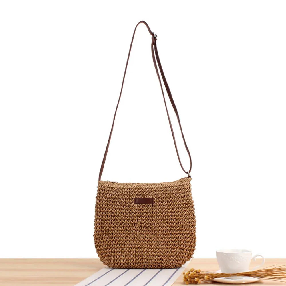 bags : Schoudertas Dames Beige - Casual Stro Gebreide met Interne Ritszak in van Pantino