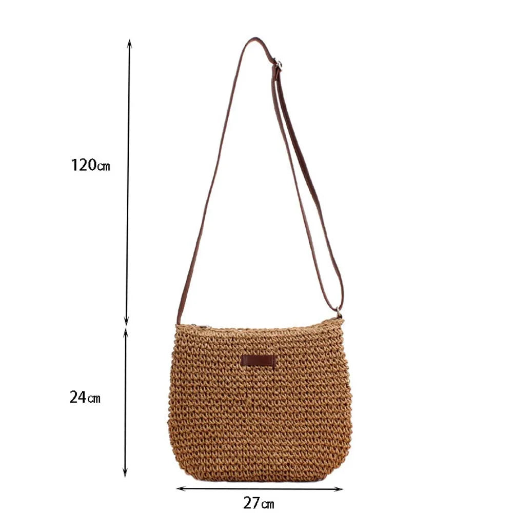 bags : Schoudertas Dames Beige - Casual Stro Gebreide met Interne Ritszak in van Pantino