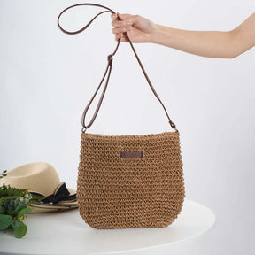 bags : Schoudertas Dames Beige - Casual Stro Gebreide met Interne Ritszak in van Pantino