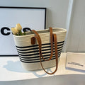 Gestreepte Stro Strandtas Dames Beige - Grote Capaciteit Zomers - Stro