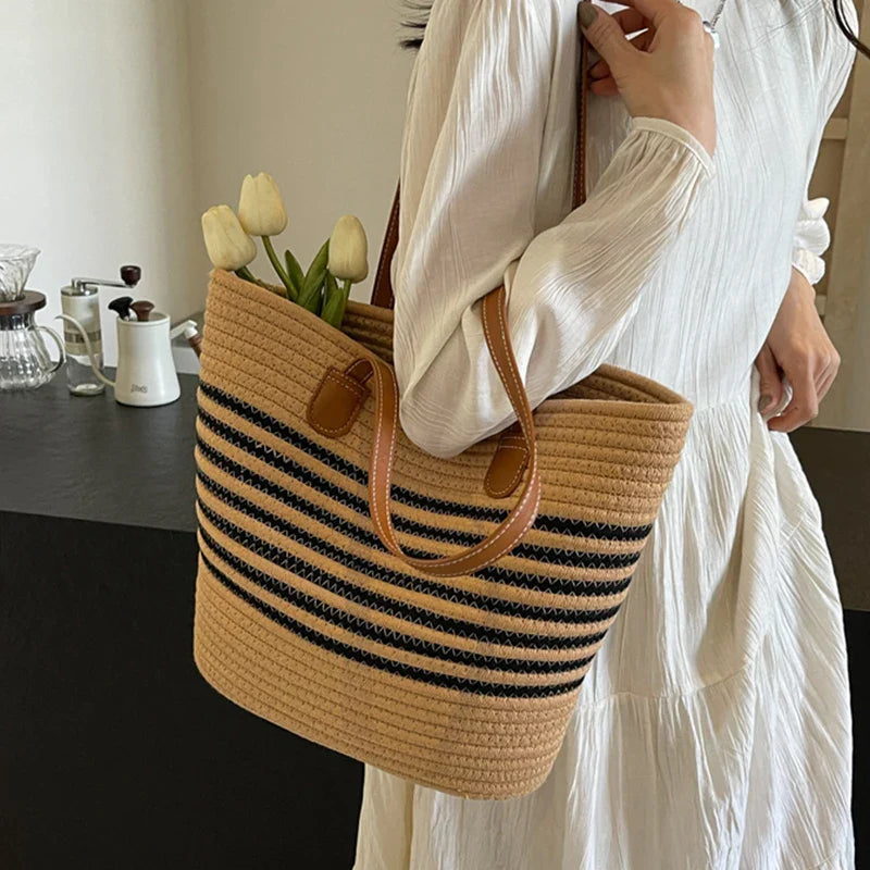 bags : Gestreepte Stro Strandtas Dames Beige - Grote Capaciteit Zomers - Stro in van Pantino