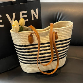 bags : Gestreepte Stro Strandtas Dames Beige - Grote Capaciteit Zomers - Stro in van Pantino