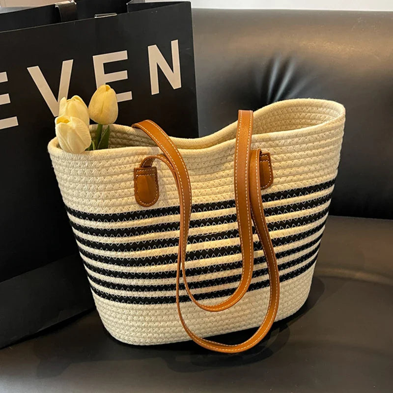bags : Gestreepte Stro Strandtas Dames Beige - Grote Capaciteit Zomers - Stro in van Pantino