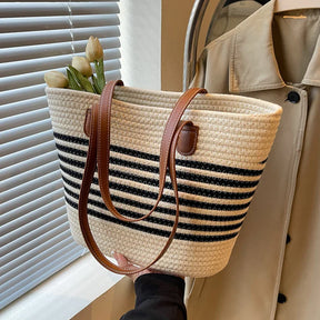 bags : Gestreepte Stro Strandtas Dames Beige - Grote Capaciteit Zomers - Stro in van Pantino
