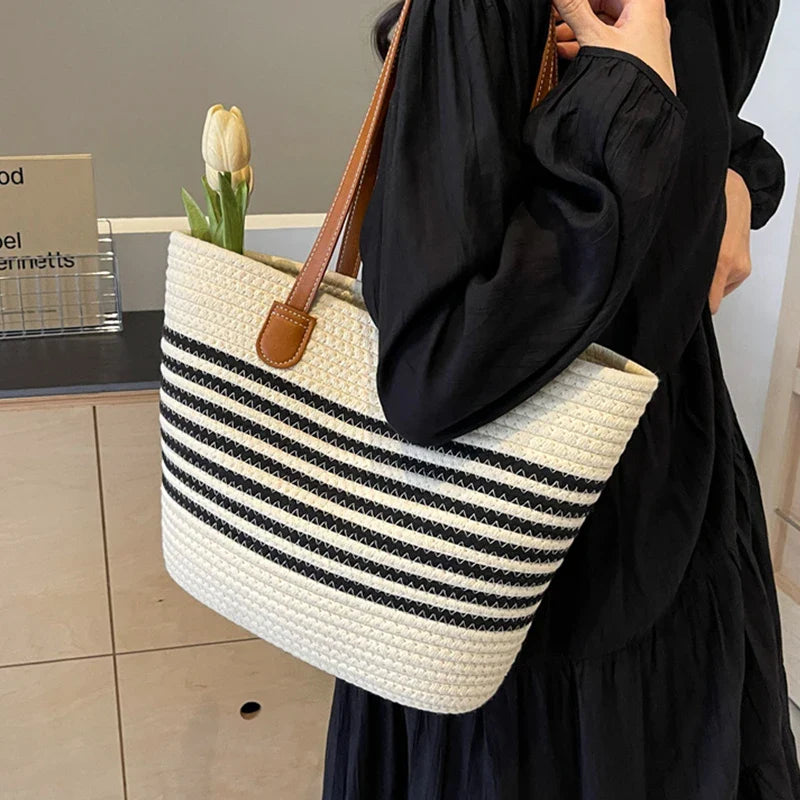 bags : Gestreepte Stro Strandtas Dames Beige - Grote Capaciteit Zomers - Stro in van Pantino