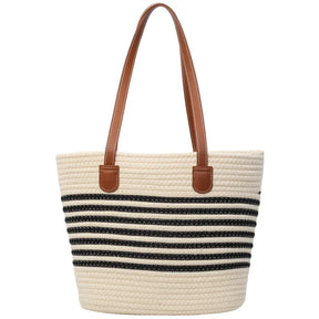 bags : Gestreepte Stro Strandtas Dames Beige - Grote Capaciteit Zomers - Stro in van Pantino