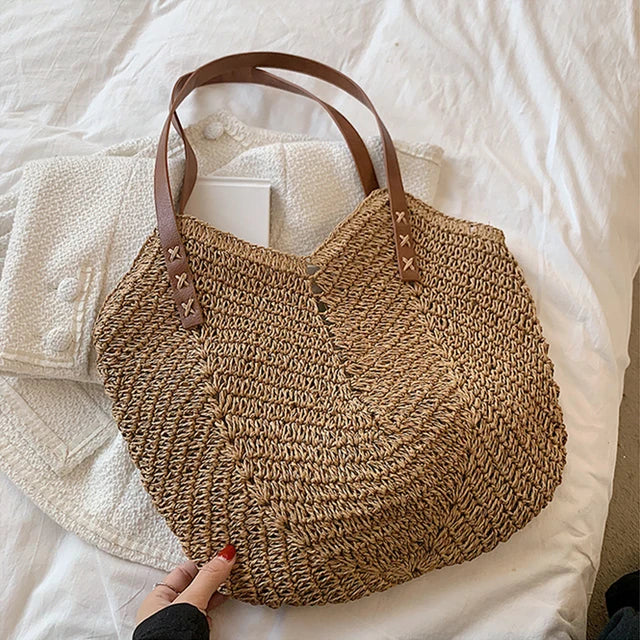 bags : Schoudertas Dames Khaki - Bohemian Handgemaakte Stro Design - Stro in Khaki 26x1x35cm van Pantino