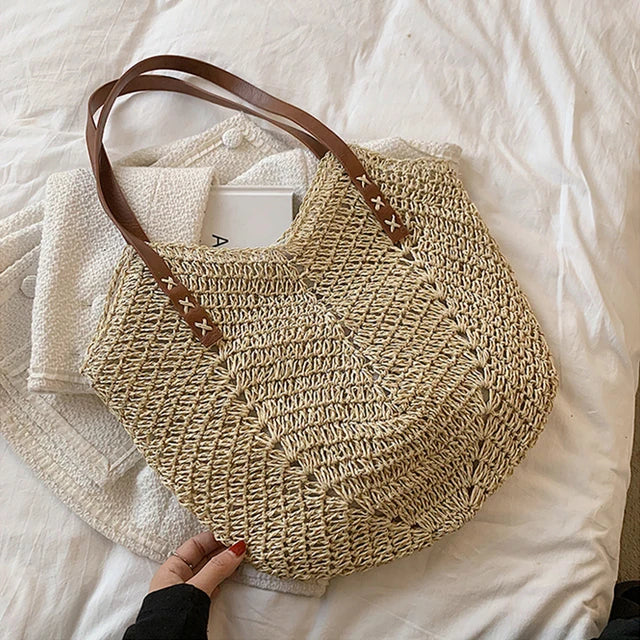 bags : Schoudertas Dames Khaki - Bohemian Handgemaakte Stro Design - Stro in Beige 26x1x35cm van Pantino