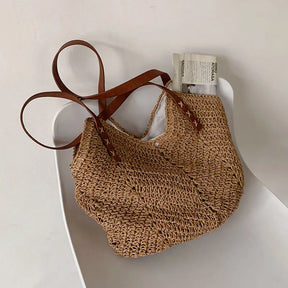 bags : Schoudertas Dames Khaki - Bohemian Handgemaakte Stro Design - Stro in van Pantino
