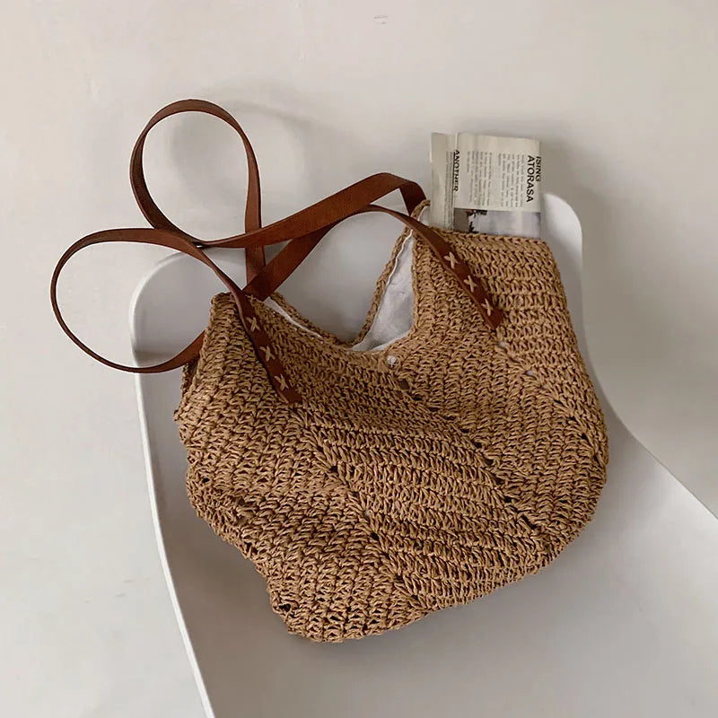 bags : Schoudertas Dames Khaki - Bohemian Handgemaakte Stro Design - Stro in van Pantino