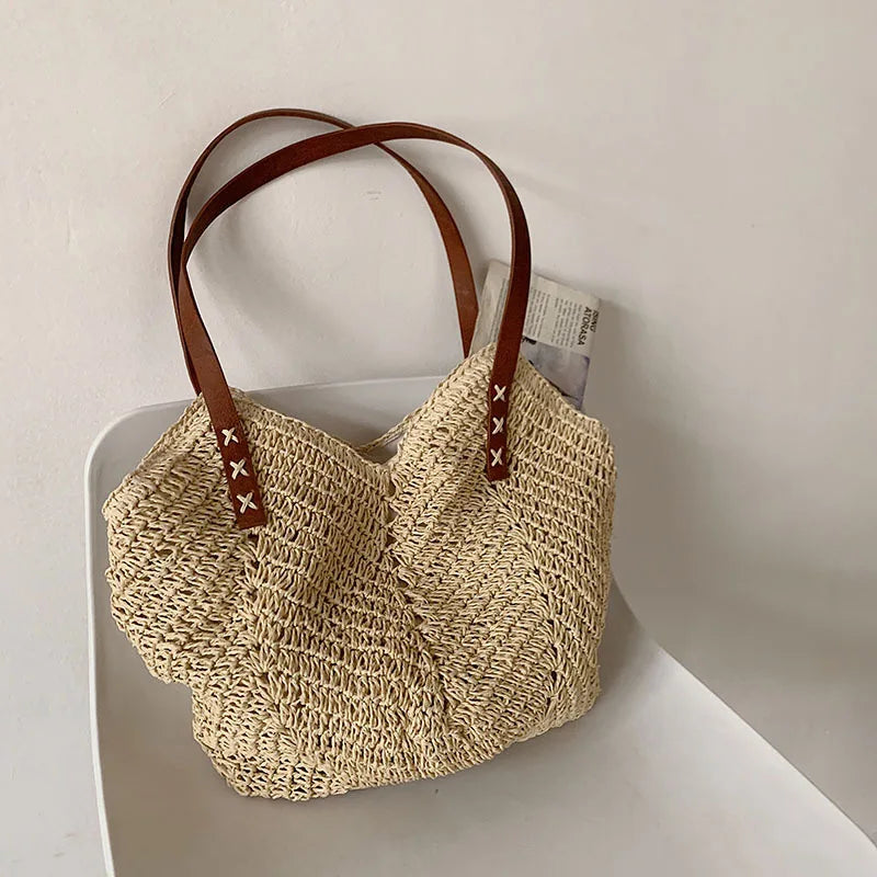 bags : Schoudertas Dames Khaki - Bohemian Handgemaakte Stro Design - Stro in van Pantino