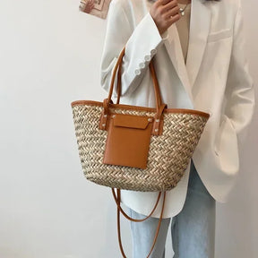 bags : Strandtas Dames Zwart - Grote Handgemaakte Zomerse Stro - Stro in Bruin 46x13.5x25cm van Pantino