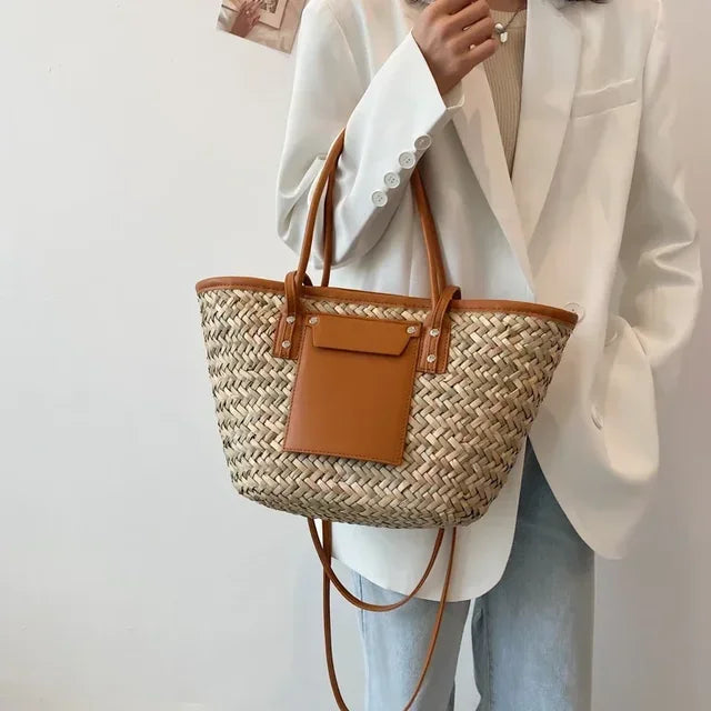 bags : Strandtas Dames Zwart - Grote Handgemaakte Zomerse Stro - Stro in Bruin 46x13.5x25cm van Pantino