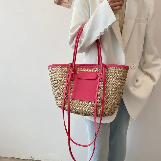bags : Strandtas Dames Zwart - Grote Handgemaakte Zomerse Stro - Stro in Rode roos 46x13.5x25cm van Pantino
