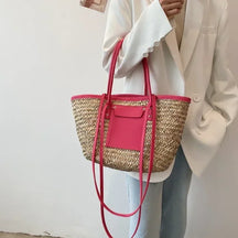 bags : Strandtas Dames Zwart - Grote Handgemaakte Zomerse Stro - Stro in Rode roos 46x13.5x25cm van Pantino