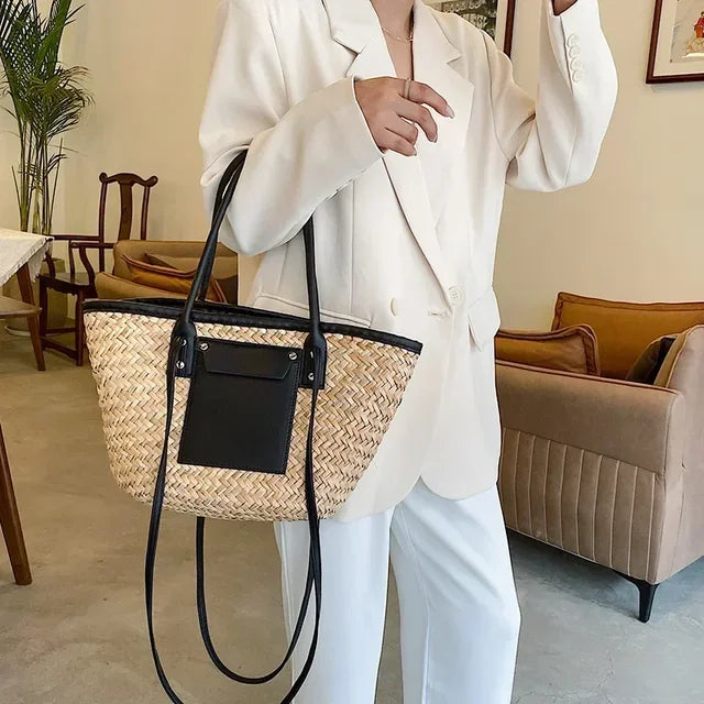 bags : Strandtas Dames Zwart - Grote Handgemaakte Zomerse Stro - Stro in Zwart 46x13.5x25cm van Pantino