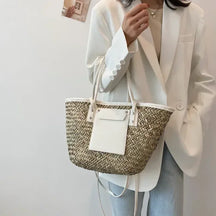 bags : Strandtas Dames Zwart - Grote Handgemaakte Zomerse Stro - Stro in Wit 46x13.5x25cm van Pantino