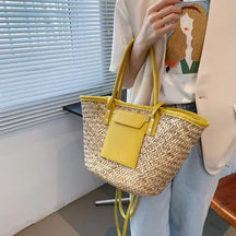 bags : Strandtas Dames Zwart - Grote Handgemaakte Zomerse Stro - Stro in Geel 46x13.5x25cm van Pantino