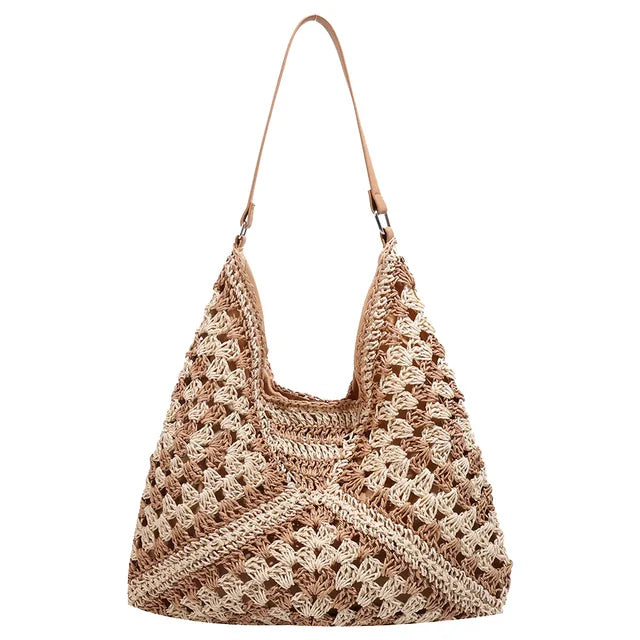 bags : Schoudertas Dames Zwart - Boheemse Handgemaakte van Stro voor in Khaki 34cmx35cmx1cm van Pantino