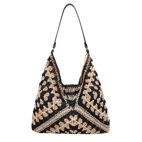 bags : Schoudertas Dames Zwart - Boheemse Handgemaakte van Stro voor in Zwart 34cmx35cmx1cm van Pantino