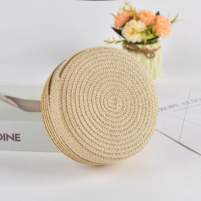 bags : Ronde Stro Schoudertas Dames Wit - Handgeweven met Ritssluiting - Stro in Beige 16x 6.5x16cm van Pantino